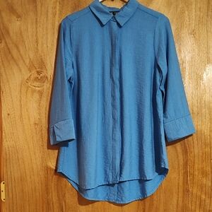 Boho Chic See The Light Blue Reverse Button Down Lagenlook Tunic Top ¾-Sleeve M